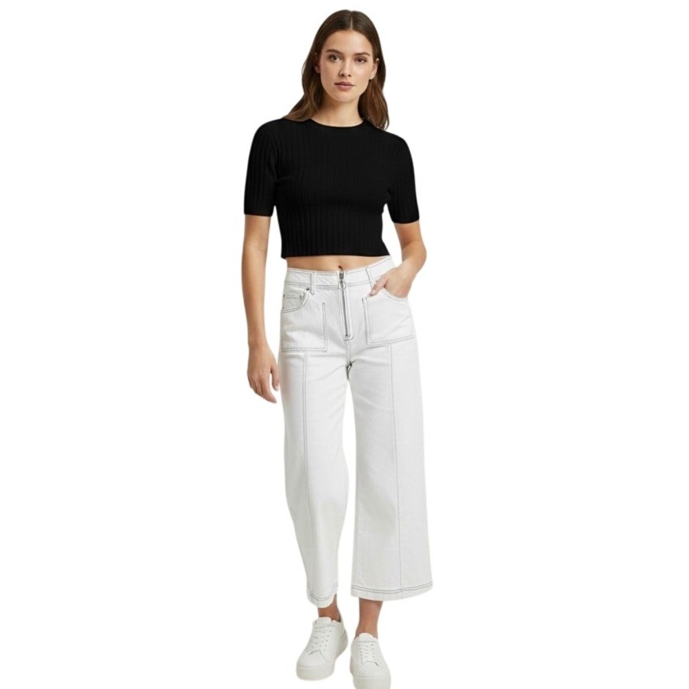 Verve Blues Wide Leg Pants Womens 10 White Contrast Stitching‎ Cropped High Rise